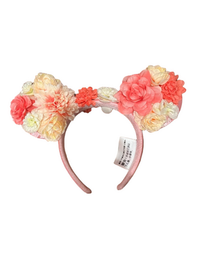 Disney Park Floral Crown  Pink Mouse Ear Headband with Coral & Cream Flowers